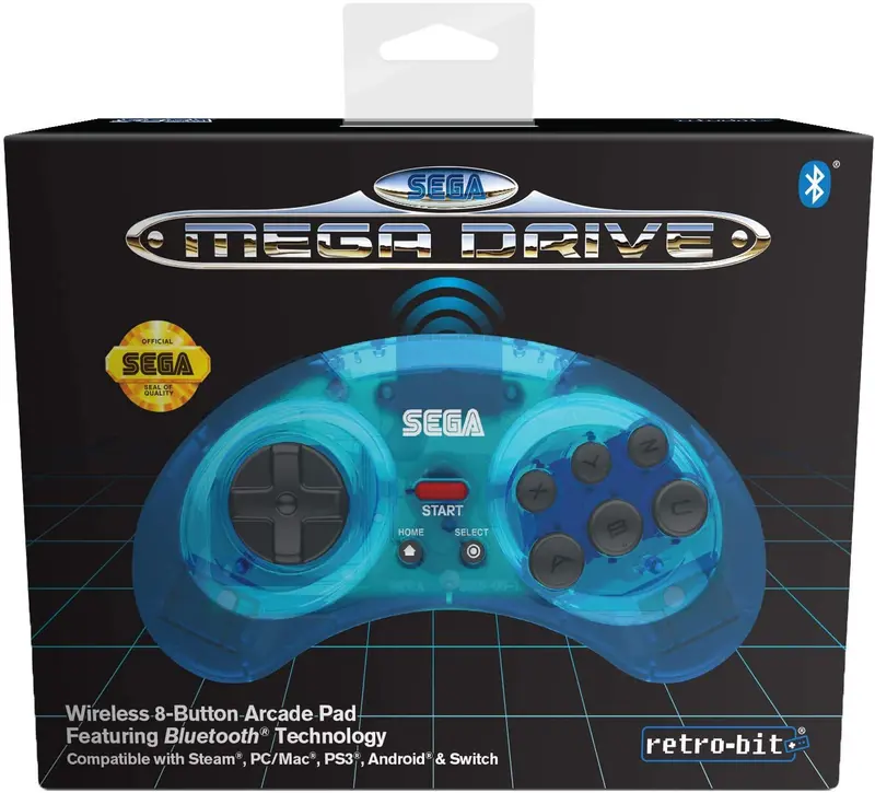 Retro-Bit Sega Mega Drive 8-button Bluetooth controller clear blue